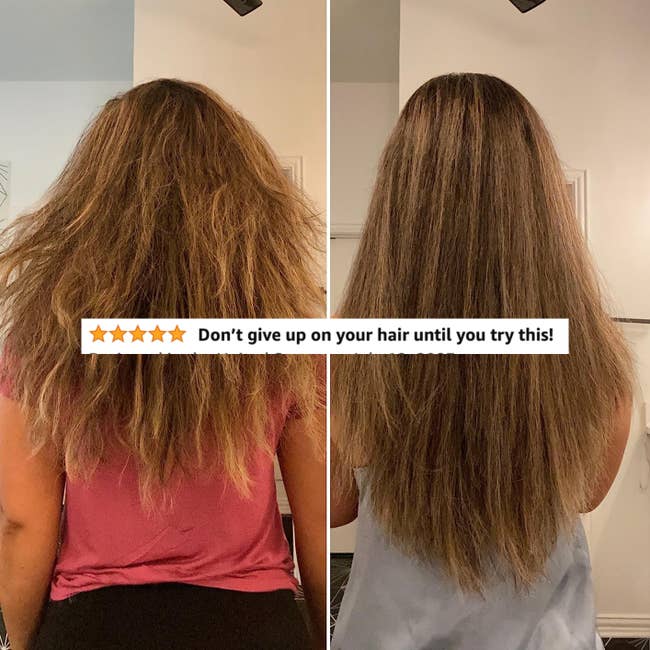 A reviewer's before and after showing less frizz and less appearance of damage with text 