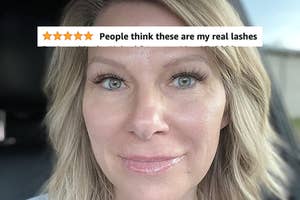 A reviewer with the clusters on with text "people think these are my real lashes"