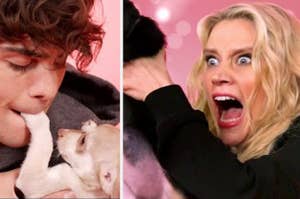 noah centineo with puppy paw in mouth and kate mckinnon screaming holding up pup