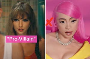 Taylor Swift in the Anti-Hero video next to a separate image of Ice Spice in the Barbie World Video