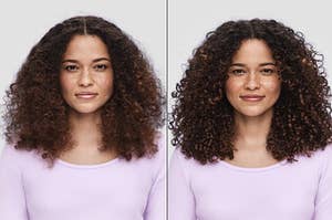 before of model with frizzy dry hair after of with more defined curls after