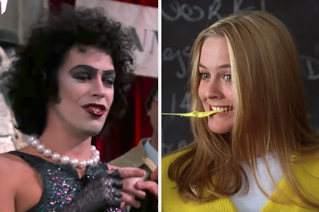 On the left, Tim Curry as Frank-N-Furter in The Rocky Horror Picture Show, and on the right, Cher from Clueless twirling a piece of gum outside of her mouth