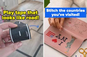 L: reviewer holding a roll of play tape for kids that looks like road R: hand stitching a pink leather travel wallet, which has an outline of the world on it for you to stitch
