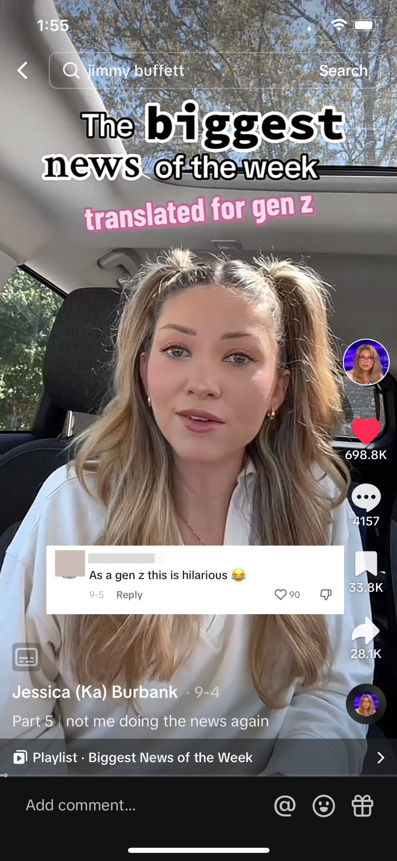 Jessica reading the news in her car with a comment that says &quot;As a gen z this is hilarious&quot;