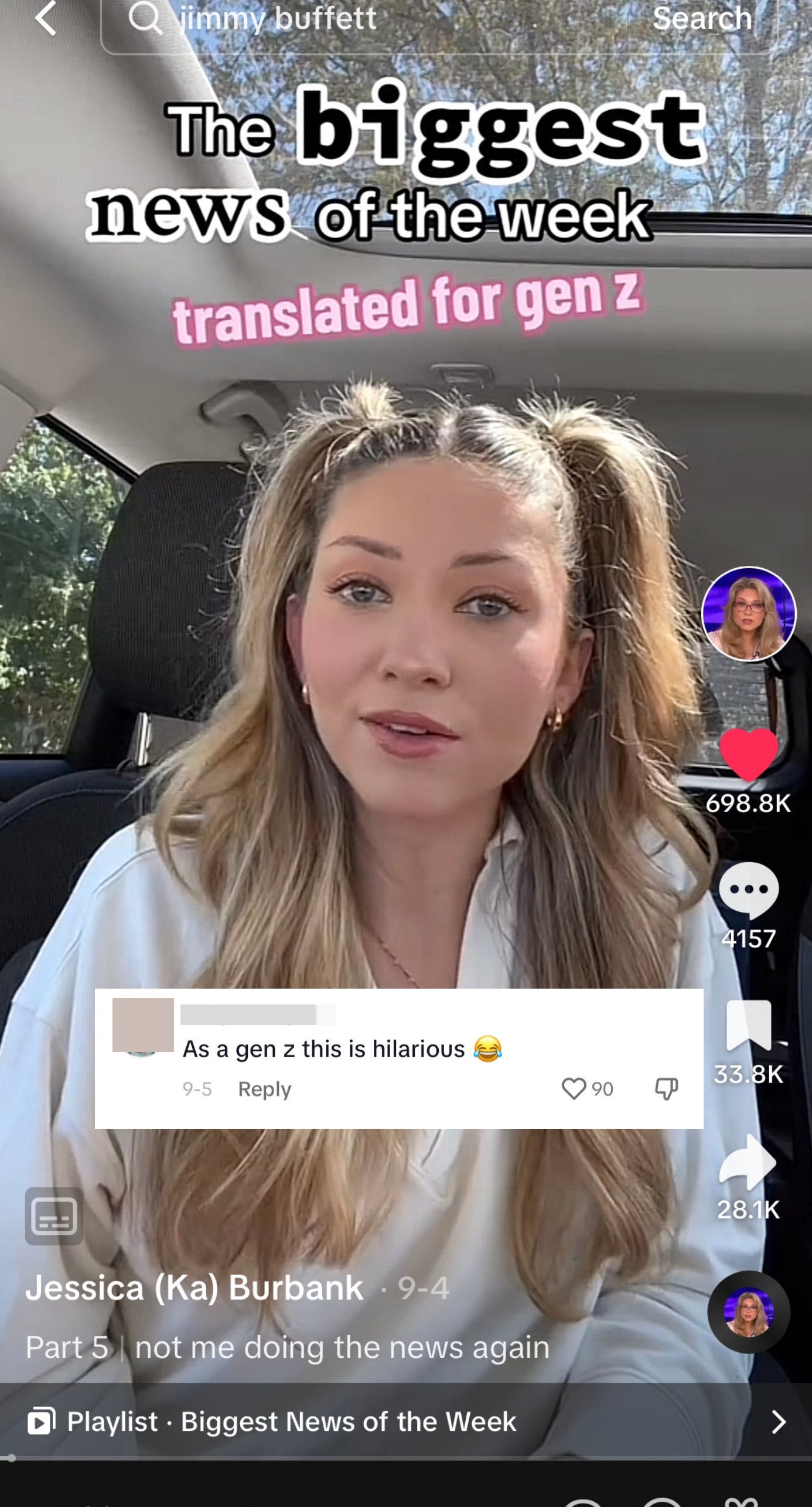 Jessica reading the news in her car with a comment that says as a gen z this is hilarious