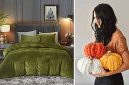 green velvet duvet cover; a model holding three chenille pumpkin pillows