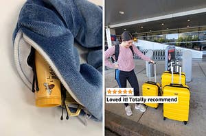 A reviewer's scrunchie that can hold small essentials and and a reviewer with their three-piece luggage set