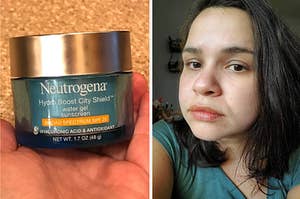 on left: reviewer holding green container of Neutrogena SPF 25 water gel sunscreen. on right: reviewer wearing SPF 50+ mineral-based moisturizer 