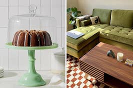 cake stand, green couch