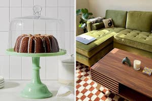 cake stand, green couch