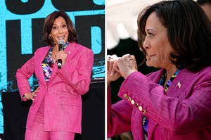 Kamala Harris speaks into a microphone vs Kamala Harris dances