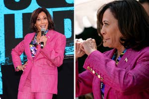 Kamala Harris speaks into a microphone vs Kamala Harris dances