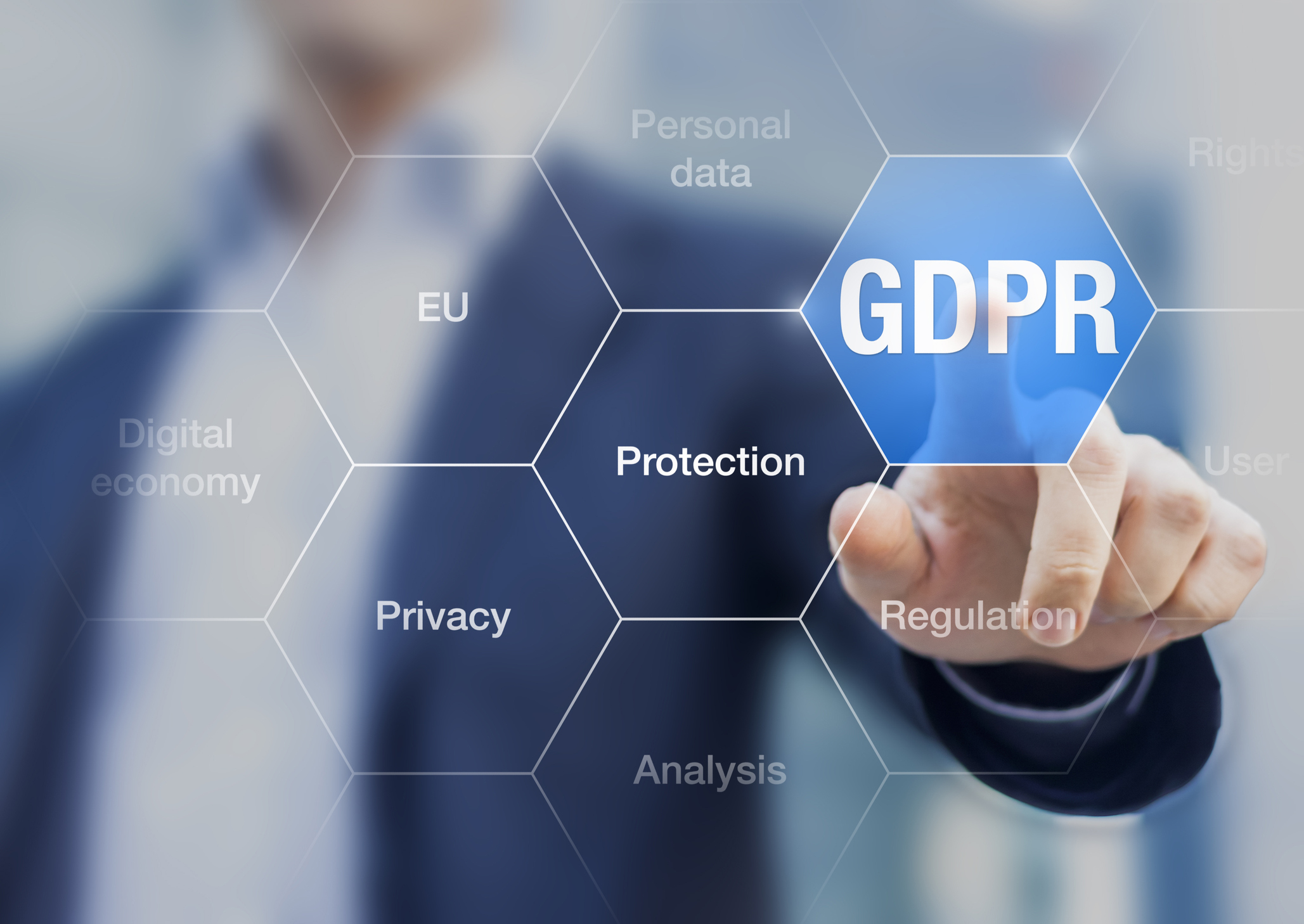 A graphic showing &quot;GDPR&quot; along with protection, privacy, personal data, and other words surrounding it