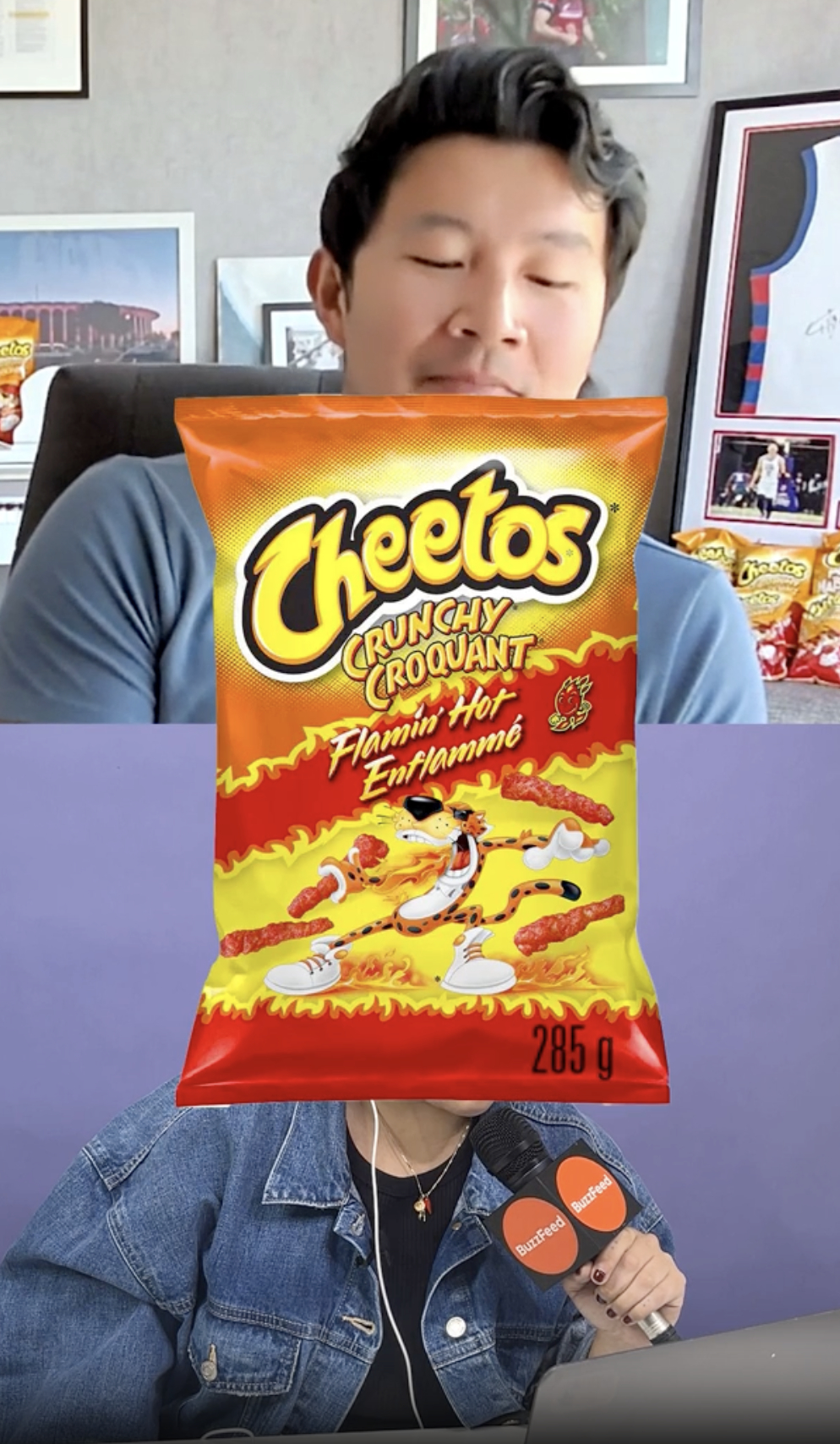 Split screen of Simu Liu and BuzzFeed interview, overlaid with image of Flamin&#x27; Hot Cheetos.