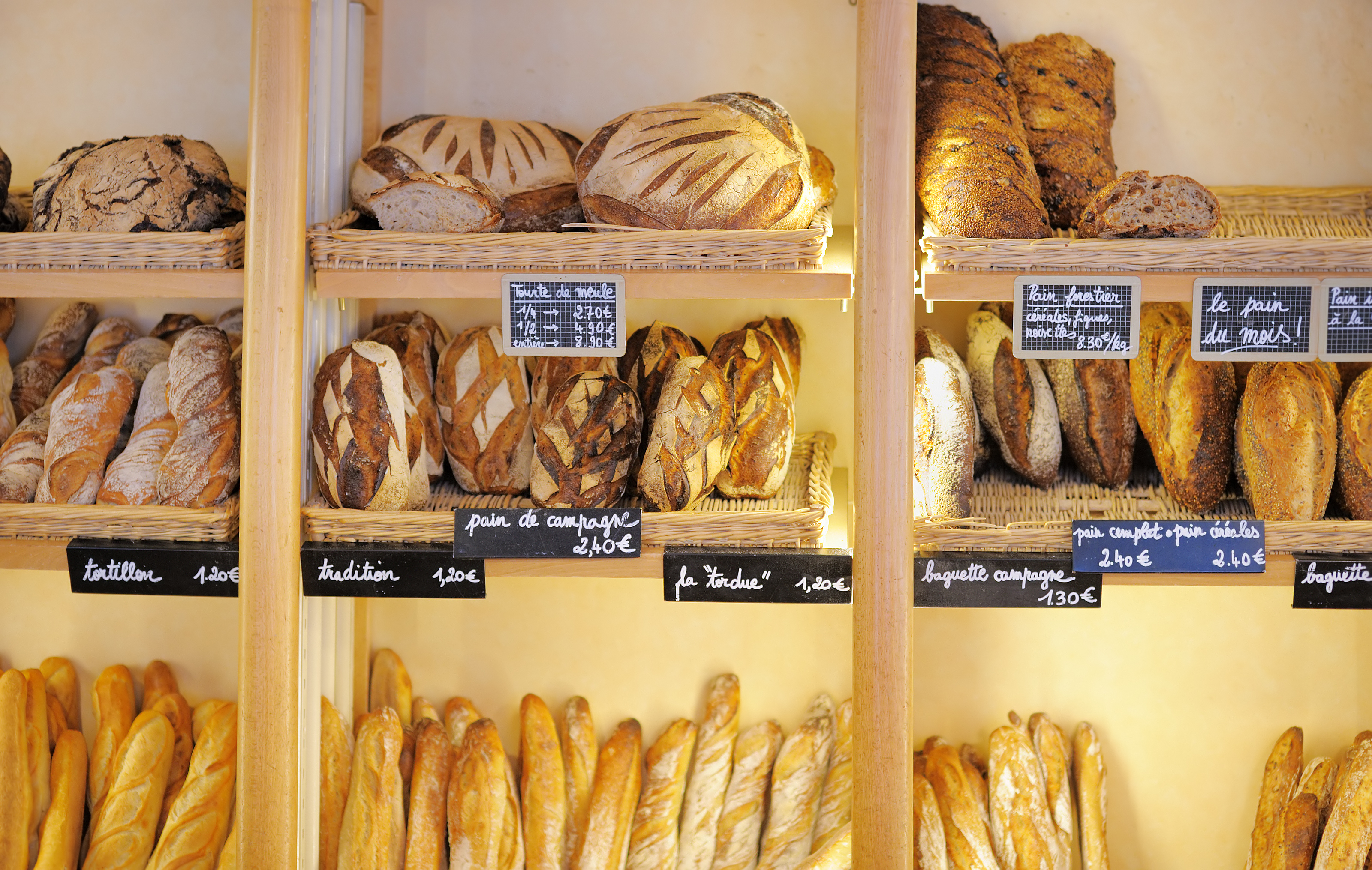 A bakery display of fresh loaves of bread