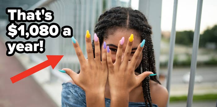 woman showing off her nails with text reading, that's 1,080 a year