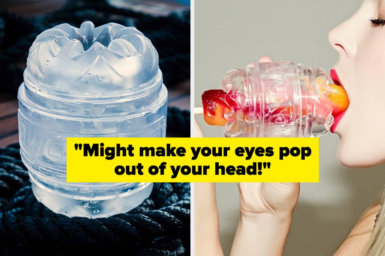 Transparent open-ended stroker on display and model eating popsicle through stroker