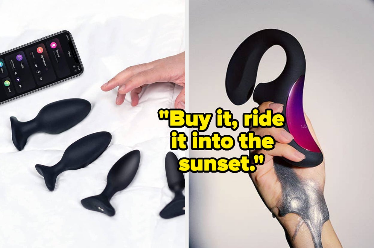 model reaching for black butt plugs on mattress and model holding black dual-stimulating suction vibrator