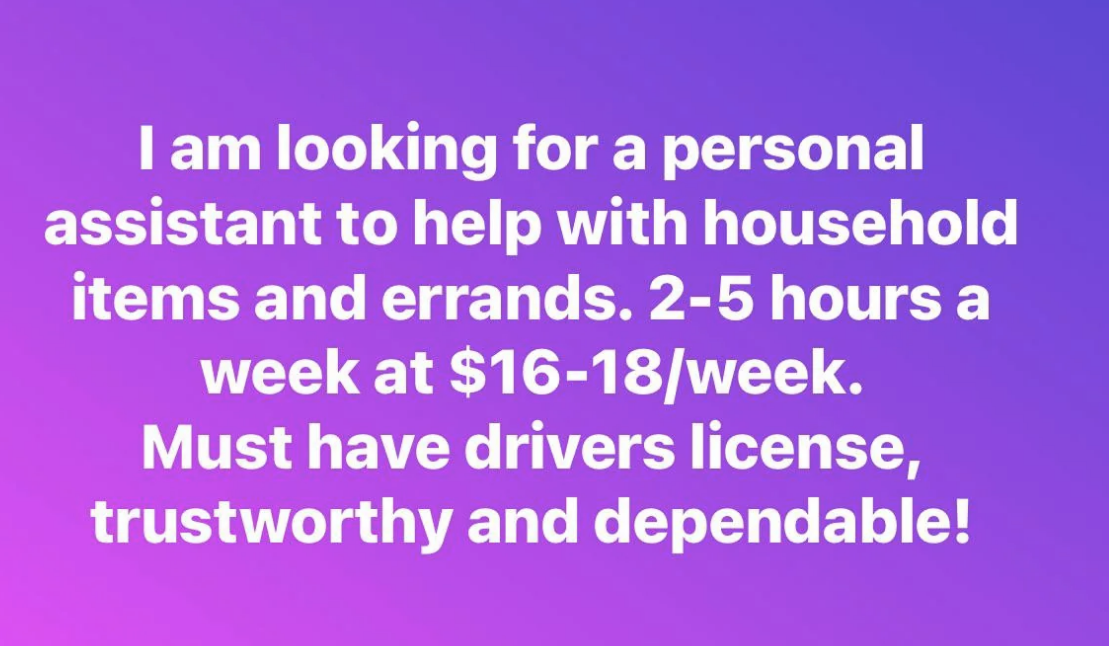 &quot;I am looking for a personal assistant to help with household items and errands.&quot;