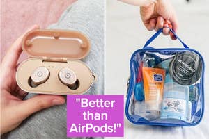 (left) earbuds (right) toiletry case