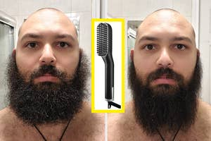 before and after of a reviewer with a curly beard and then a straight beard 