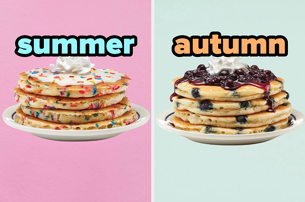 On the left, some Confetti pancakes from IHOP labeled summer, and on the right, some Double Blueberry pancakes from IHOP labeled autumn