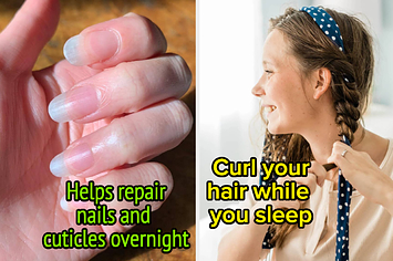 A reviewer with long, healthy-looking nails/A model using one-piece fabric that looks like a robe tie to curl their hair overnight