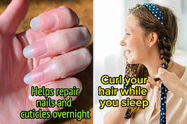 A reviewer with long, healthy-looking nails/A model using one-piece fabric that looks like a robe tie to curl their hair overnight