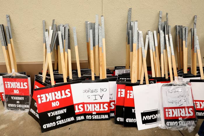 Stacks of signs used in picket lines