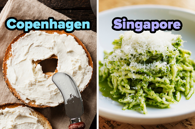 On the left, a bagel with cream cheese labeled Copenhagen, and on the right, some pesto pasta topped with parmesan labeled Singapore