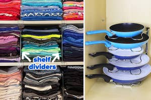 reviewer's clear shelf dividers used with folded t-shirts / the pot and pan organizer stored vertically in a cabinet