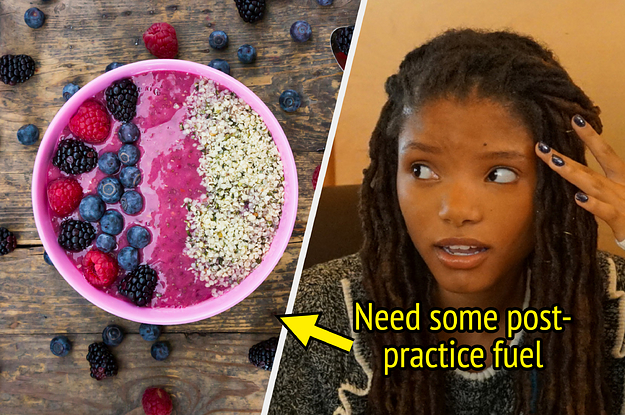 açai bowl and Halle Bailey in "Grown-ish"