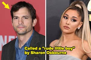Ashton Kutcher poses for a photo on the red carpet vs Ariana Grande poses for a photo with her head titled to the side