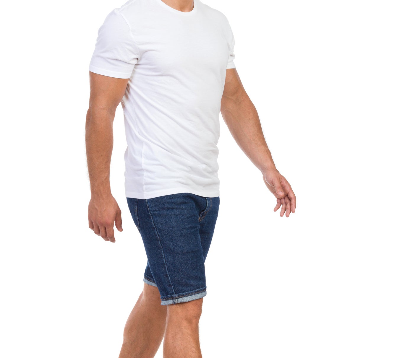 A man wearing a T-shirt, denim shorts, and flip-flops