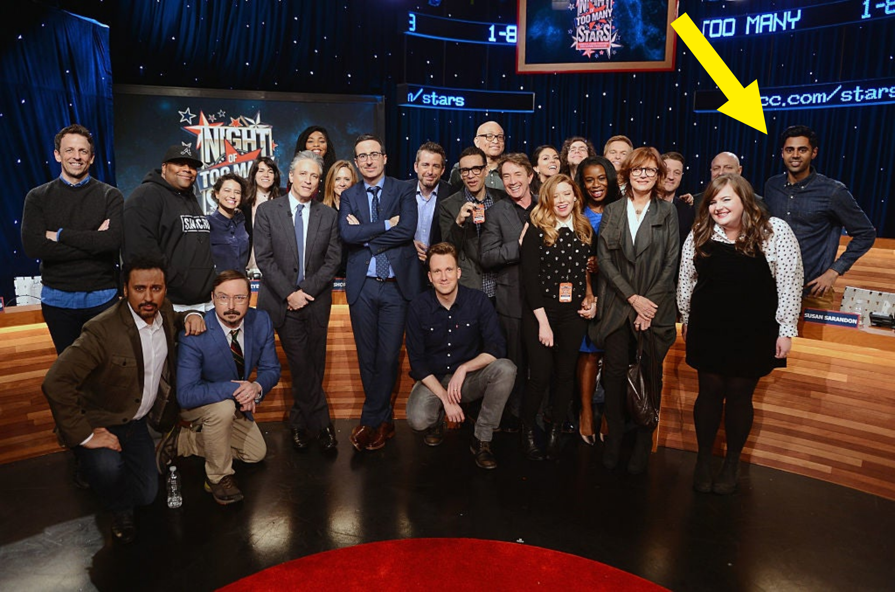 Hasan takes a group photo with the cast and crew of The Daily Show