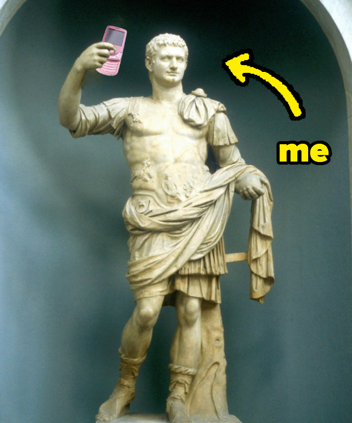 A statue of Augustus Caesar, but I edited a pink Motorola Razr cell phone in his hand