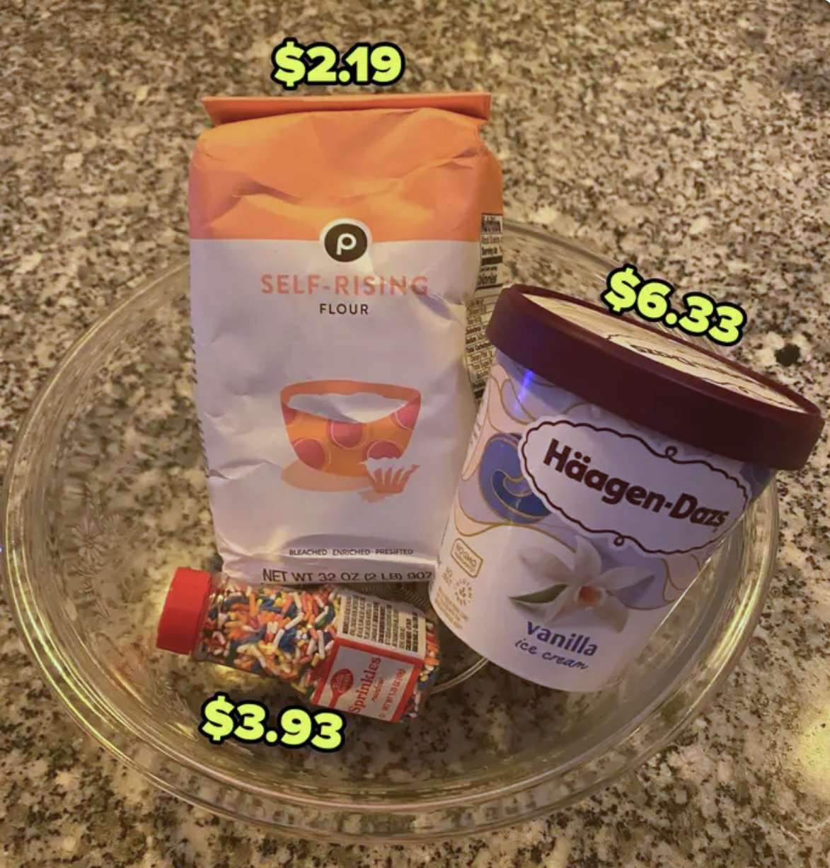self-rising flour for $2.19, pint of vanilla ice cream for $6.33, and sprinkles for $3.93
