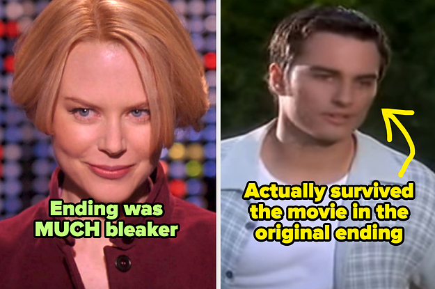 nicole kidman in the stepford wives captioned "Ending was MUCH bleaker" and carter in final destination captioned "actually survived the movie in the original ending"