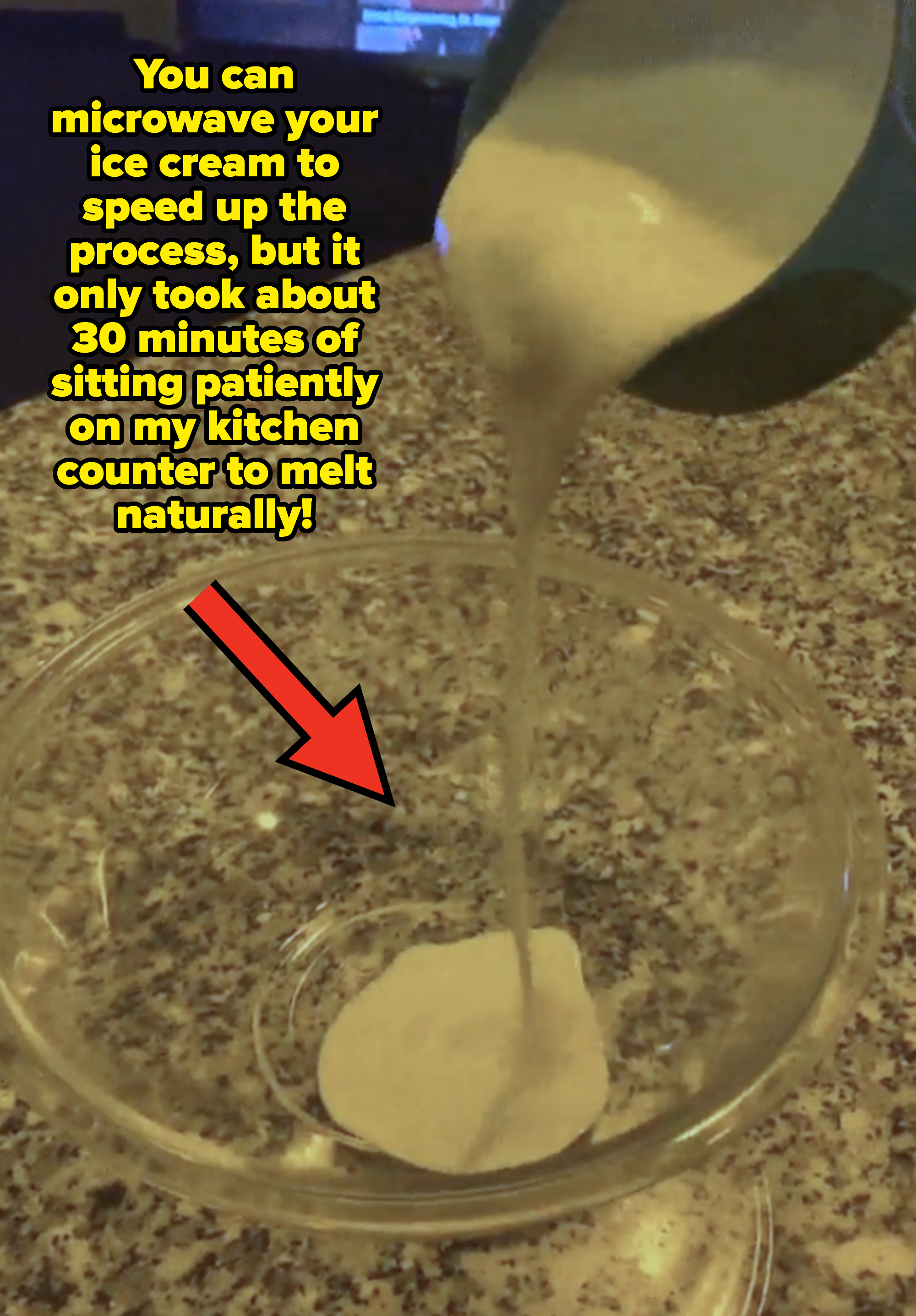 melted ice cream being poured into mixing bowl with text &quot;you can microwave your ice cream to speed up the process, but it only took about 30 minutes of sitting patiently on my kitchen counter to melt naturally!&quot;