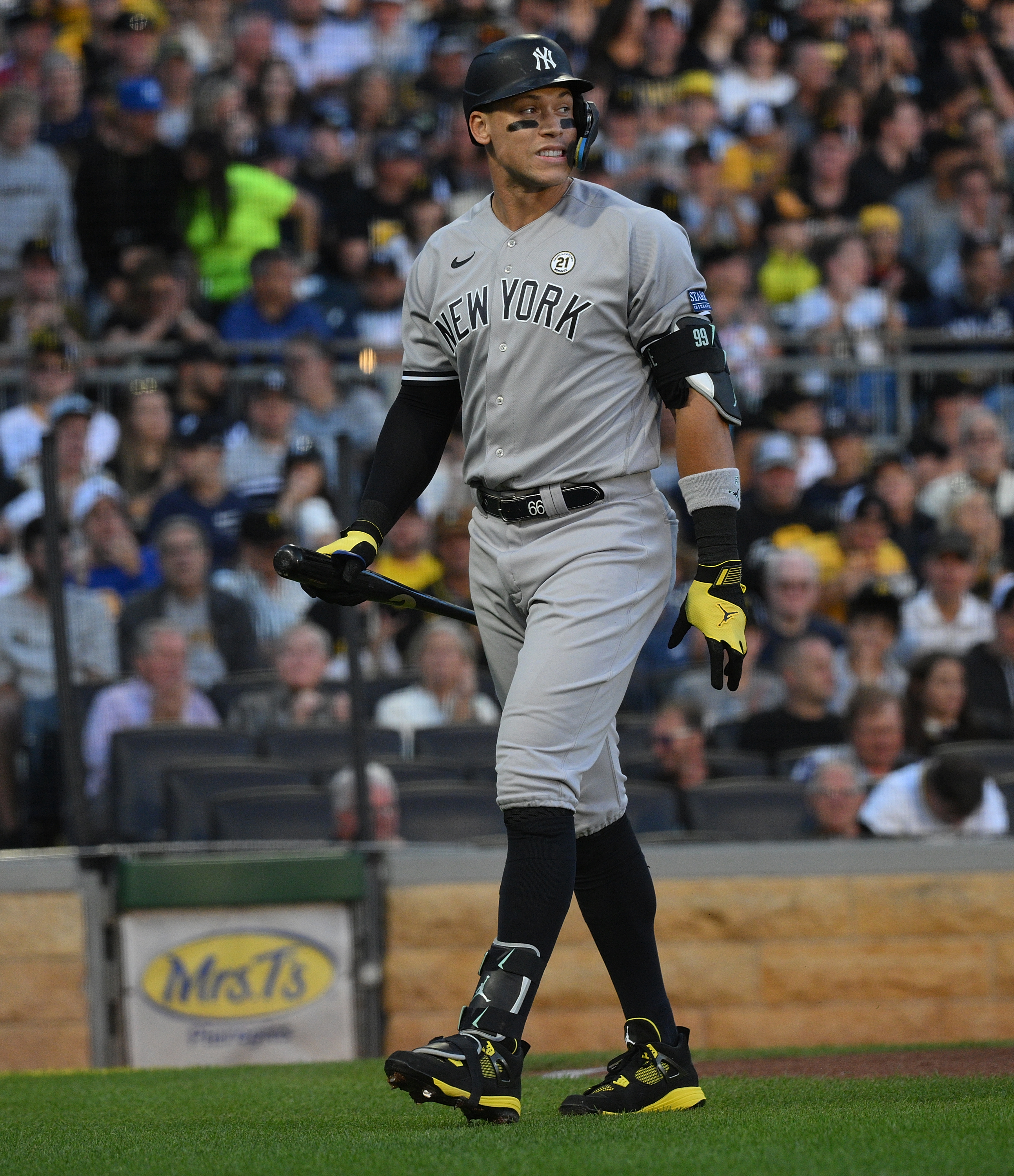 The Nike Jordan batting gloves worn by Aaron Judge of the New York