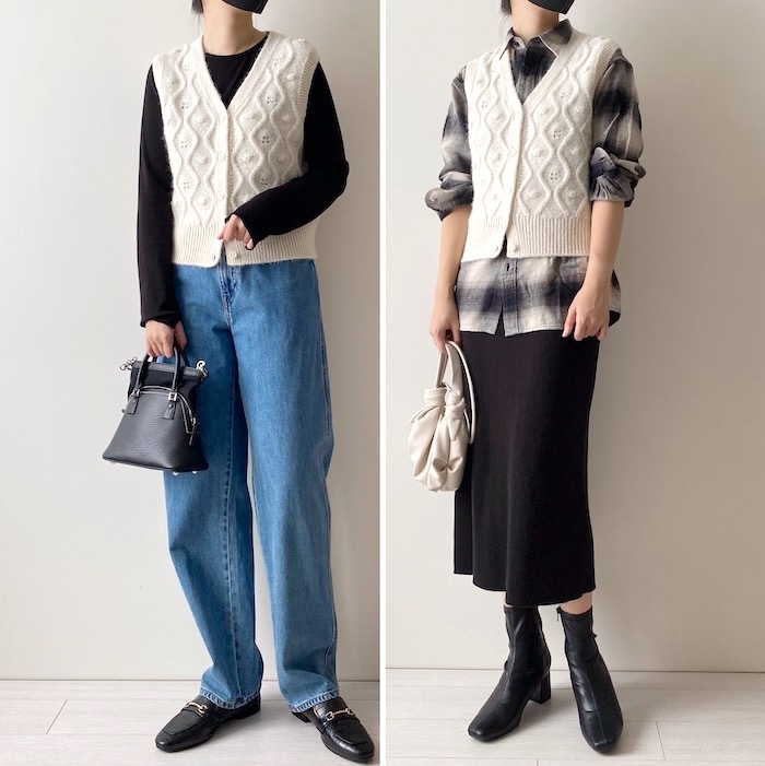 ユニクロのおすすめトップス「ポインテールベスト」のコーディネート