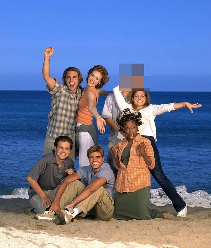 The cast of Boy Meets World on the beach, with Ben's face pixelated