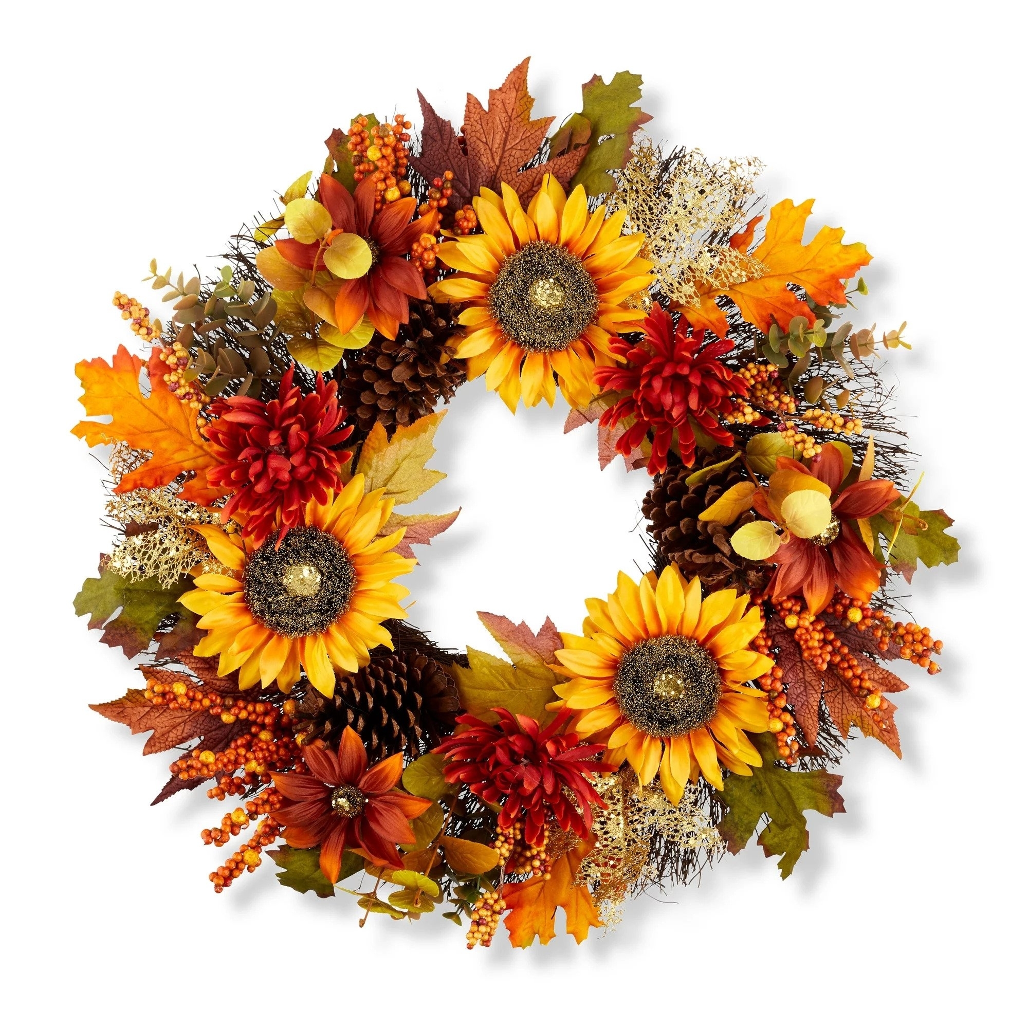 The wreath, featuring sunflowers, acorns, and other fall plants