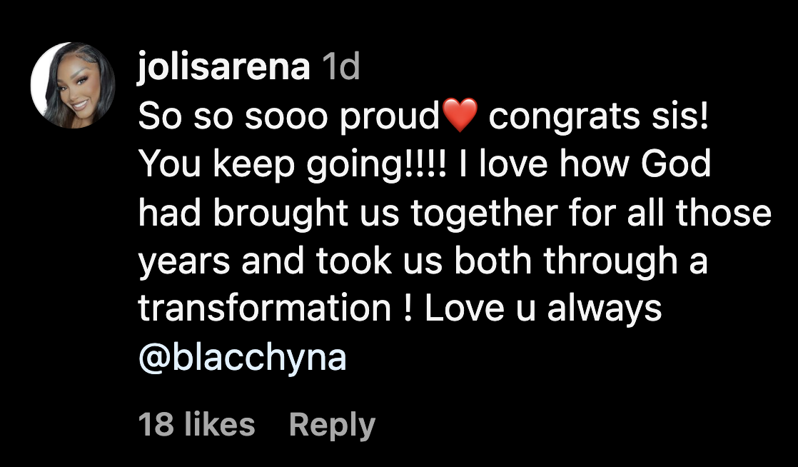 Comment: So so sooo proud congrats sis! you keep going!!!! I love how God had brought us together for all those years and took us both through a transformation ! Love u always