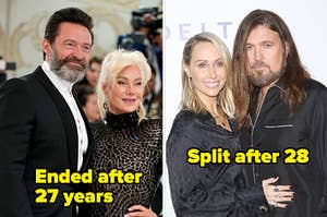 Hugh Jackman and Deborra-lee Jackman pose together on the red carpet vs Tish Cyrus rests a hand on Billy Ray Cyrus's chest as they pose for a pic together