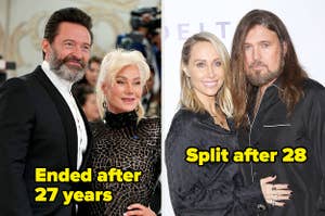 Hugh Jackman and Deborra-lee Jackman pose together on the red carpet vs Tish Cyrus rests a hand on Billy Ray Cyrus's chest as they pose for a pic together