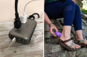 L: devices plugged into an international power converter R: hand applying anti-chafe stick to the back of their heels