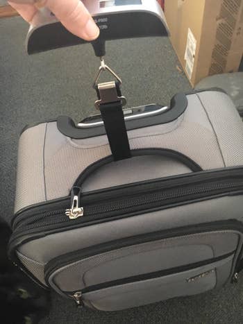 Reviewer's photo of the luggage scale weighing a suitcase
