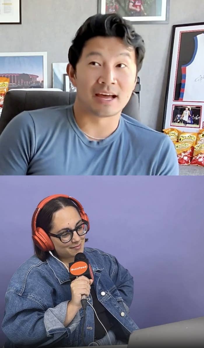 Split screen of Simu (above) and Isabella (below) who&#x27;s wearing big headphones and holding a Buzzfeed mic.