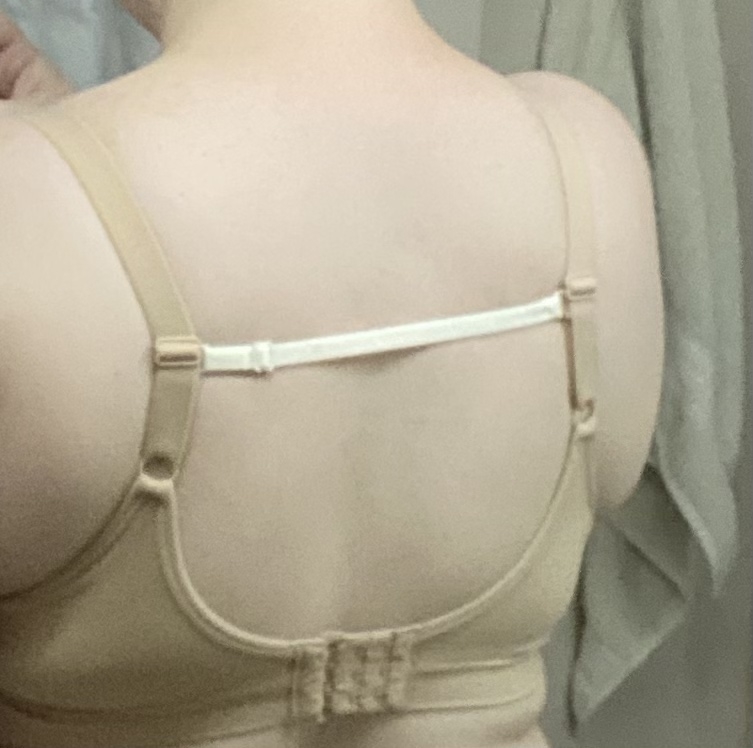 Reviewer&#x27;s photo of them wearing the bra strap clips on the back of a bra
